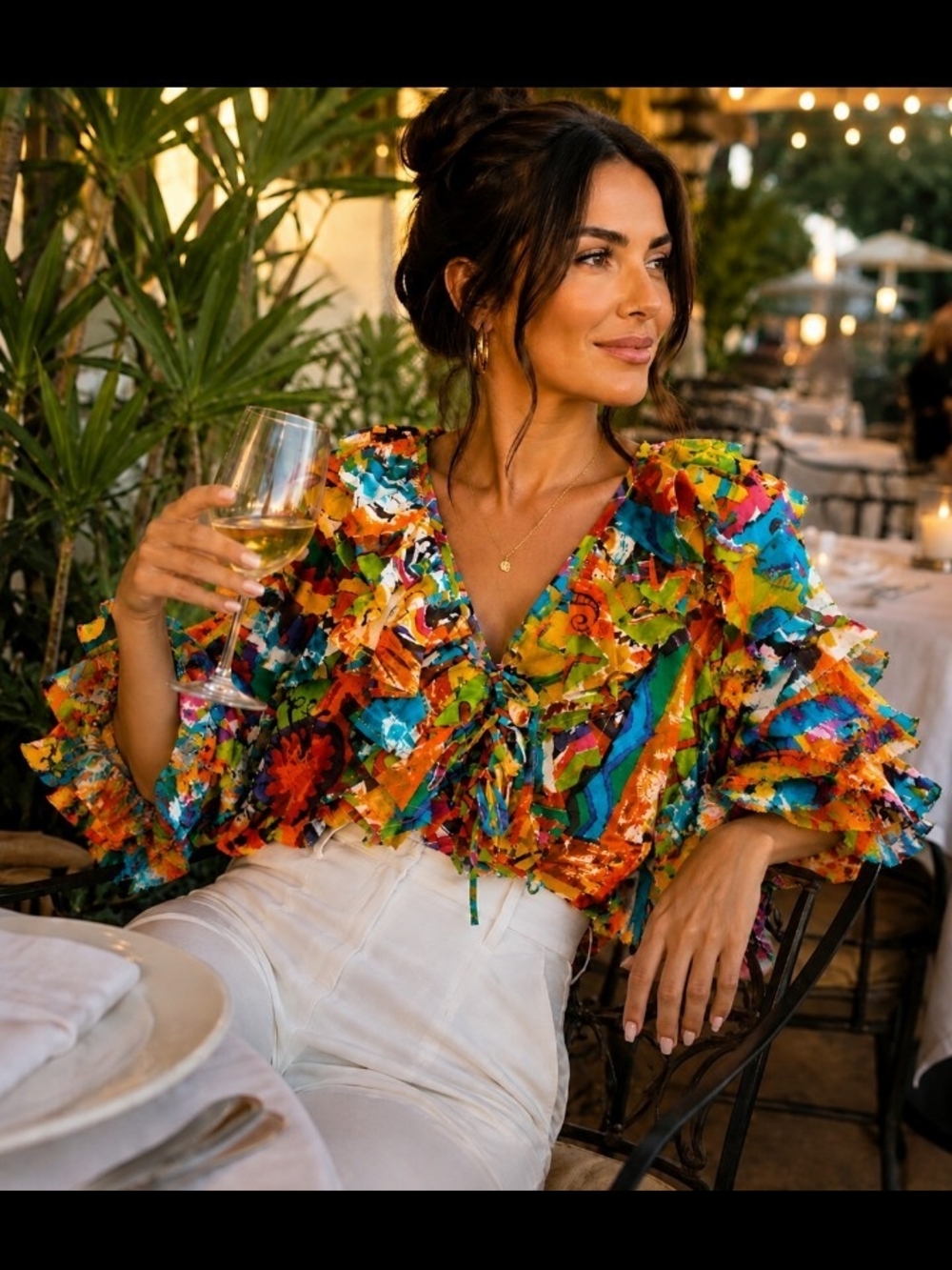 Vibrant Multi-Color Ruffle V-Neck Women's Top